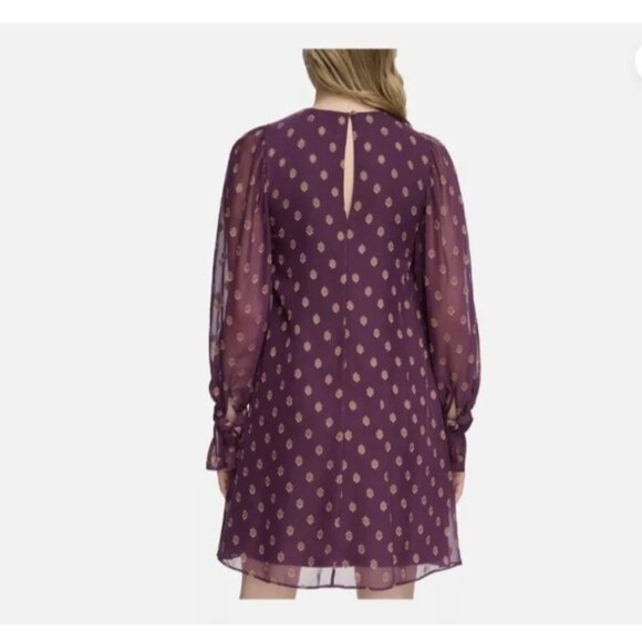 New CALVIN KLEIN Womens Size 2 Purple Gold Tie Cuffs Balloon Sleeve Shift Dress - Picture 2 of 11